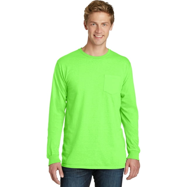 Port & Company Pigment Dyed Long Sleeve Pocket Tee-M (Neon Green)