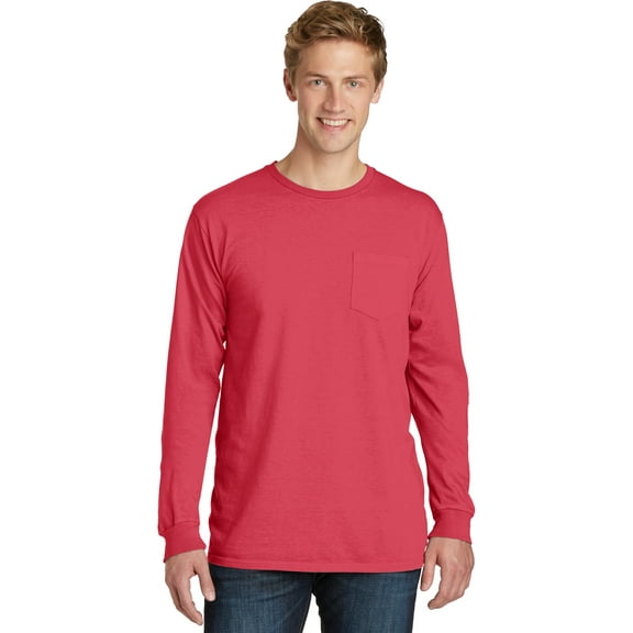 Port Company Pigment Dyed Long Sleeve Pocket Tee-M (Poppy)