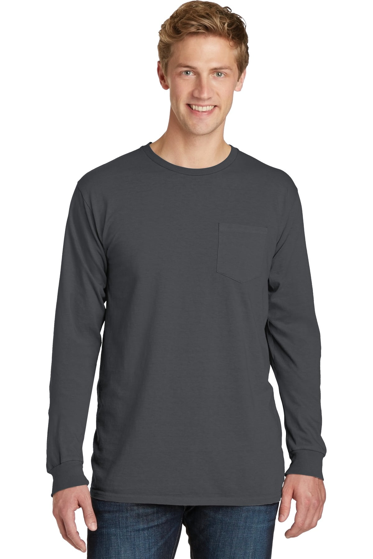 Port & Company Pigment Dyed Long Sleeve Pocket Tee-S (Coal