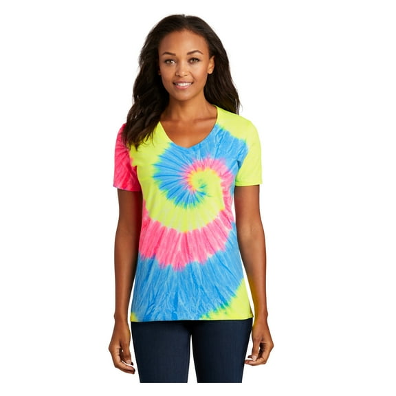 Port & Company Women's Short Sleeve Tie-Dye V-Neck Casual T-Shirt Neon Rainbow Medium