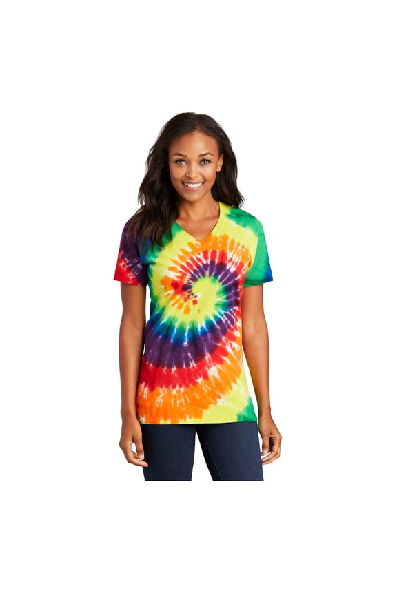 Women's Short Sleeve Tie-Dye V-Neck Casual T-Shirt Rainbow Small