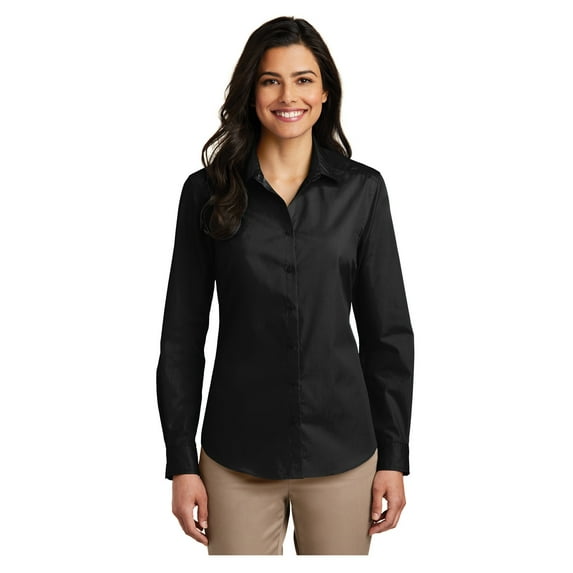 Port & Company Womens Carefree Poplin Long Sleeve Shirt Deep Black X-Large