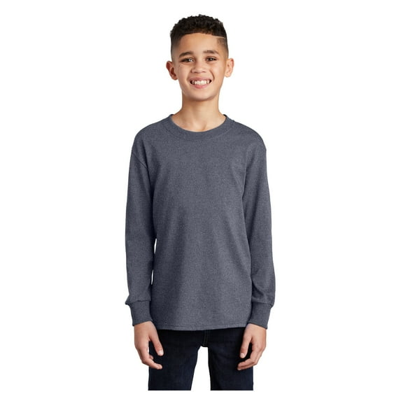 Port & Company Youth Long Sleeve Core Cotton T-Shirt Heather Navy Medium