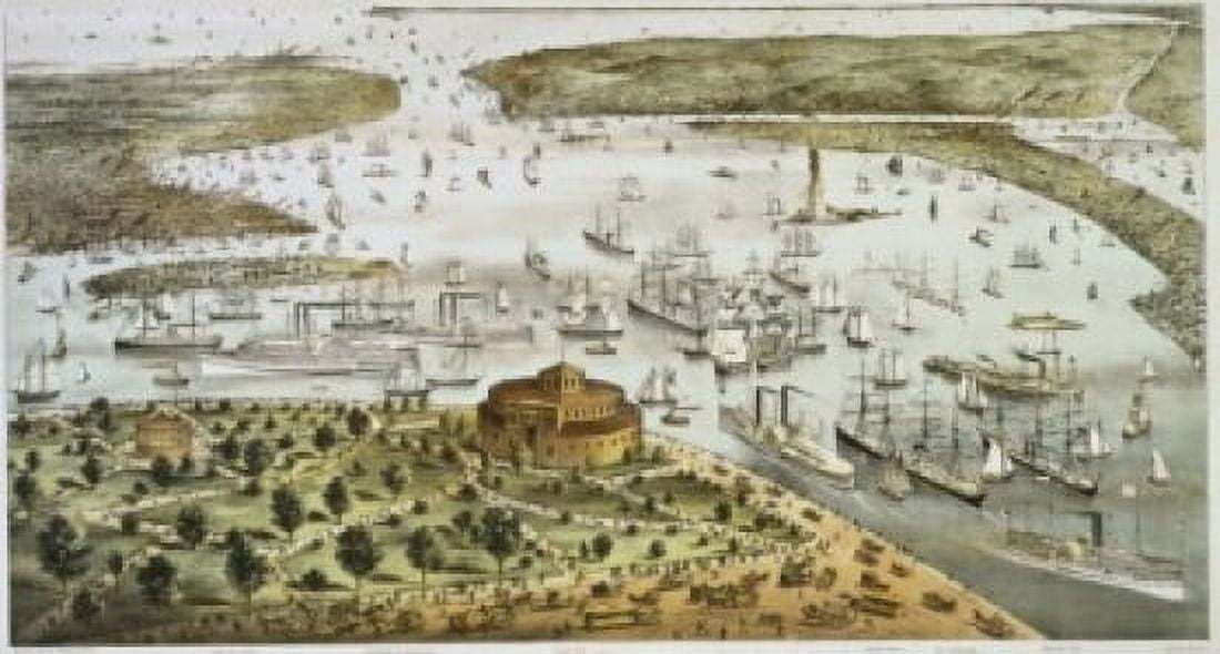 The Port of New York Birds Eye View of the Battery Looking South Currier and Ives (a 1857-1907 American) Color Lithograph Library of Congress Washington DC Canvas Art - Currier and Ives (24 x 36)