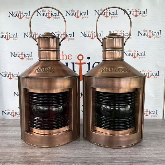 Port & Starboard Lanterns, Set of 2 Antique Brass Finish, Nautical Oil Lamps, Ship Lights