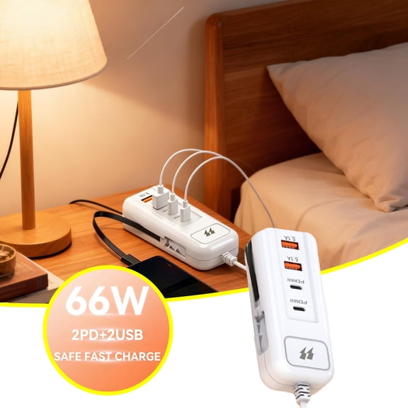 Port USB Wall Charger with Extension Cord Universal Fast Charging Hub 2PD + 2USB Ports 66W for Multiple Devices White
