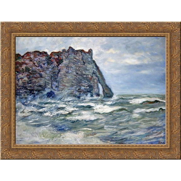 Port d`Aval, Rough Sea 24x20 Gold Ornate Wood Framed Canvas Art by Monet, Claude