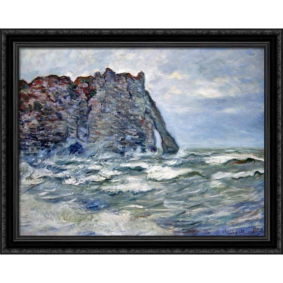 Port d`Aval, Rough Sea 36x28 Large Black Ornate Wood Framed Canvas Art by Claude Monet