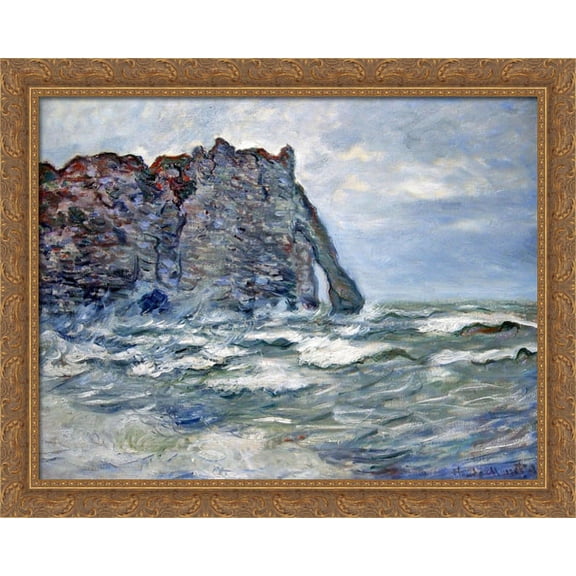 Port d`Aval, Rough Sea 36x28 Large Gold Ornate Wood Framed Canvas Art by Claude Monet