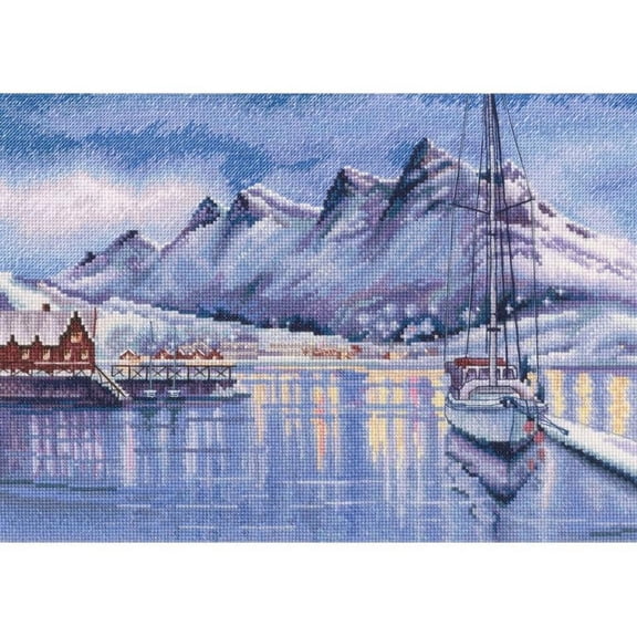 Wizardi Counted Cross Stitch Kit "Port of Bodo" M970 ‚Äì Scandinavian Harbor, 16ct White Zweigart Aida DMC 47 Colors Floss, Needle, Chart, 11.61x8.07" Kit for Adult RTO