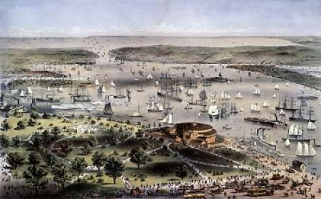 Port of New York Birds Eye View From The Battery Looking South Canvas Art - Currier and Ives (24 x 36)