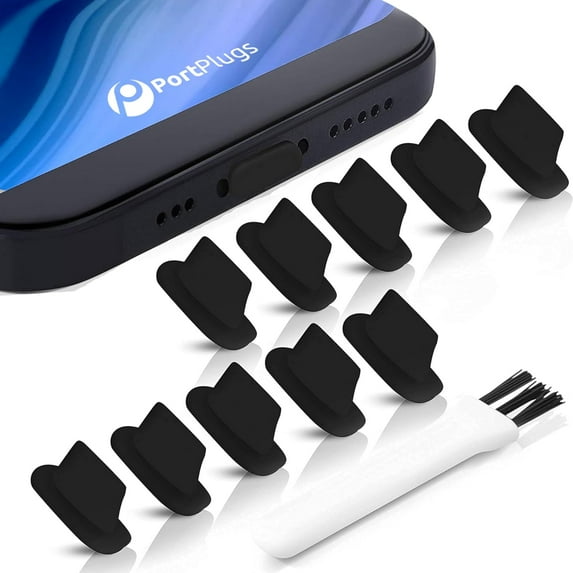 PortPlugs Dust Plugs (10 Pack) Rounded Design Compatible with iPhone 12, 11, X, 8, 7, Plus, Pro, Max and iPads, Includes Charging Port Cleaning Brush (Black)
