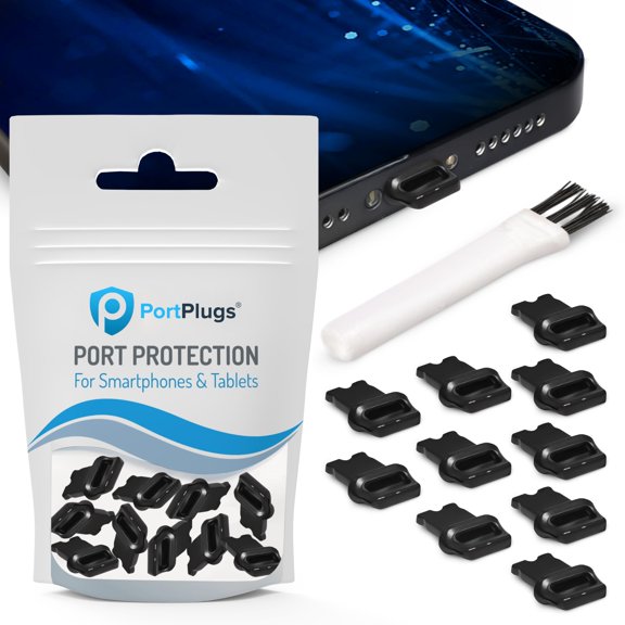 PortPlugs Dust Plugs - Case Friendly Protectors with Easy-Grip Tab Compatible with Lightning for iPhone 14, 13, 12, 11, XS, XR, X, 8, 7, iPad & AirPods (3rd, 2nd, 1st Gen) - Black (10-Pack)