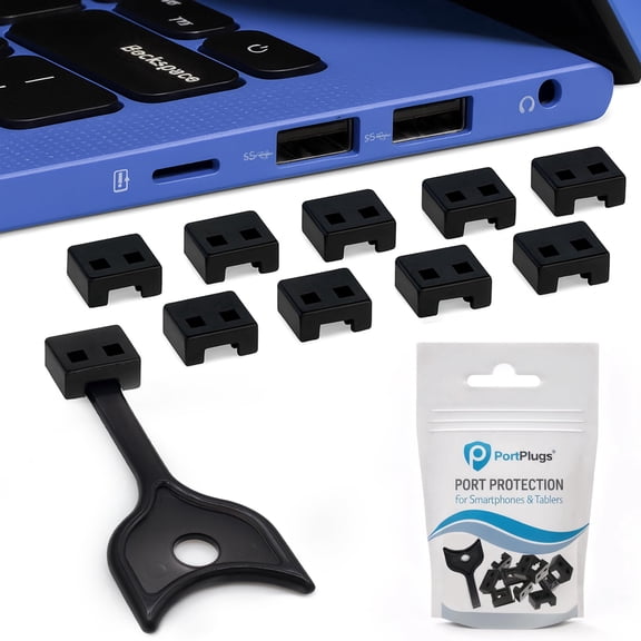 PortPlugs USB-A Port Blockers - Key Lock Security for PC, Laptop & Notebook - Removable Dust & Moisture Resistant USB Type-A Shields | 10-Pack (Black)