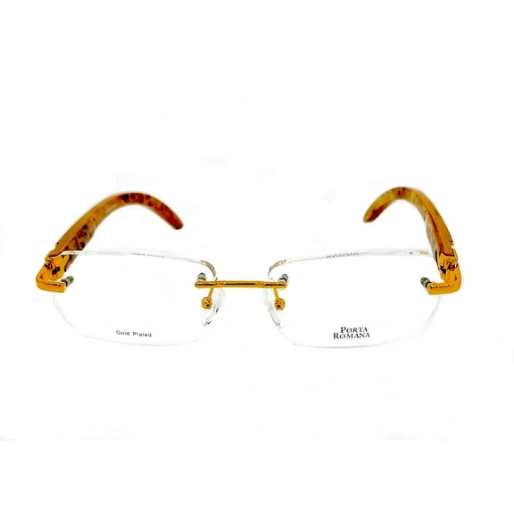 Porta Romana Model 1954- Gold Plated Frame with Burl Light Lacquered Wood Prescription Eyeglass Frames