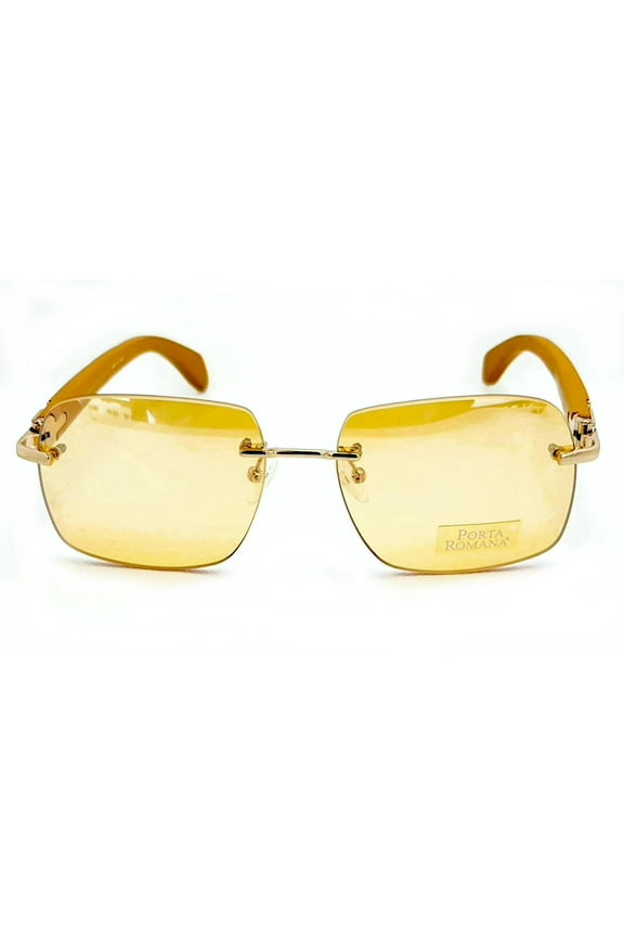 Porta Romana Travel Collection Sunglasses Model 1974 "Rimless" Gold with Wood Temple and Yellow Lenses