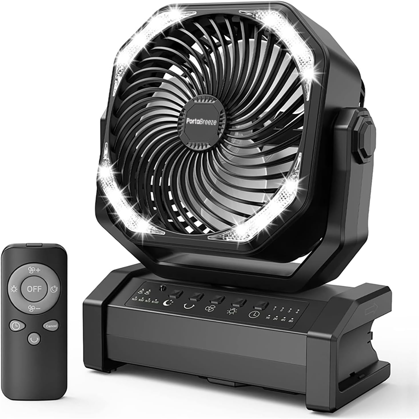 PortaBreeze 20000mAh Rechargeable Camping Fan w Light, Portable Battery Operated High Velocity Floor Table Fan; Oscillating w Timer, Remote for Outdoors, RV, Jobsite, Dorm, Patio, Weather Emergencies