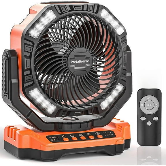 PortaBreeze 40000mAh Rechargeable Camping Fan w Light, Portable Battery Operated High Velocity Floor Table Fan; Oscillating w Timer, Remote for Outdoors, RV, Jobsite, Dorm, Patio, Weather Emergencies