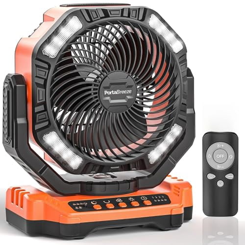 PortaBreeze 40000mAh Rechargeable Camping Fan w Light, Portable Battery Operated High Velocity Floor Table Fan; Oscillating w Timer, Remote for Outdoors, RV, Jobsite, Dorm, Patio, Weather Emergencies