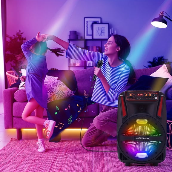 Portabel Wireless Speaker With 8" SubWoofer, Stereo, Micphone, FM Radio, TF/AUX/USB, LED Lights, Handel, Powerful Sound Karaoke System For Gaming, Parties, Outdoor, Home Theater, Desktop Speakers