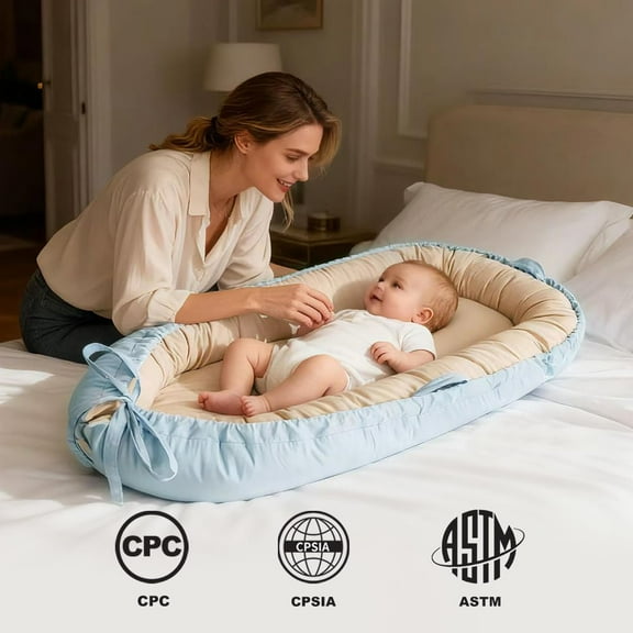 Portable 100% Breathable Cotton Safety Standards Baby Lounger, blue