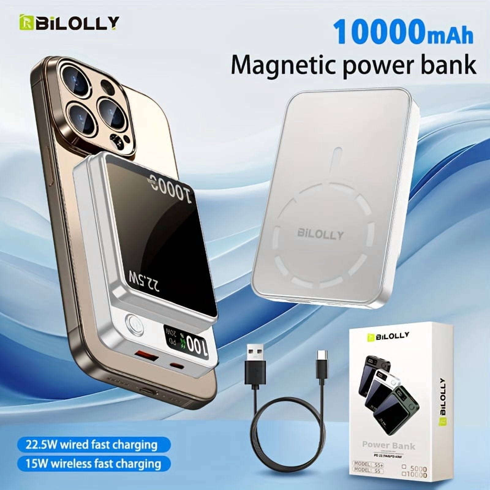 Portable 10000/5000Mah Magnetic Wireless Charger 22.5W PD QC Fast Charging USB-C Power Bank for Android