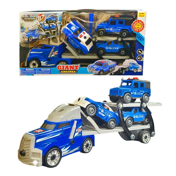 DIY Police Truck Playset Semi-Hauler & 3 Take-Apart Patrol Cars for Kids