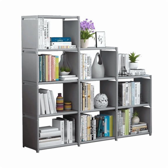 HioHa 12-Cube Storage Organizer, Portable Folding Bookshelf with Adjustable Shelves , Space Saving Unit for Home Office Closet , Grey