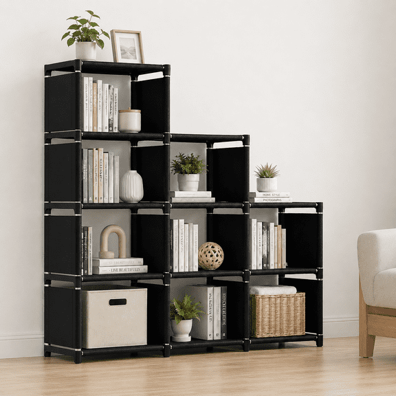 HioHa 9-Cube Storage Organizer, Portable Cube Shelf Bookcase, Space Saving Cubby Storage Shelves for Closet, Bedroom, Home Office, Black