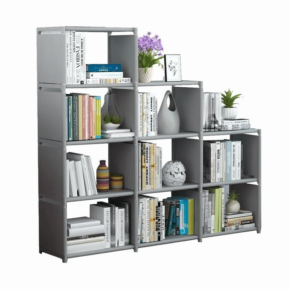 HioHa 12-Cube Storage Organizer, Portable Folding Bookshelf with Adjustable Shelves , Space Saving Unit for Home Office Closet , Grey