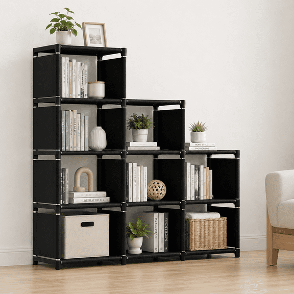 HioHa 9-Cube Storage Organizer, Portable Cube Shelf Bookcase, Space Saving Cubby Storage Shelves for Closet, Bedroom, Home Office, Black