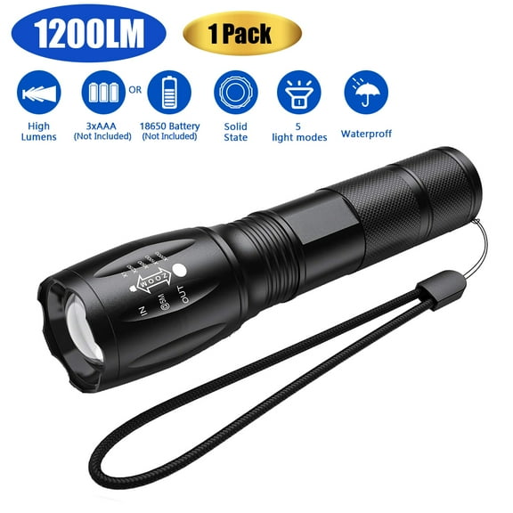 Portable 1200 Lumens Handheld LED Flashlight with Adjustable Focus and 5 Light Modes, Outdoor Water Resistant Flashlights High Lumens, Tactical Flashlight for Camping Hiking Emergency[1 PACK]