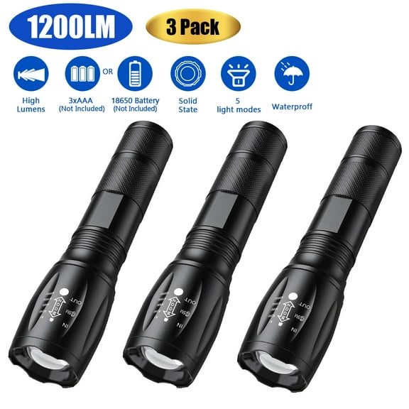 Portable 1200 Lumens Handheld LED Flashlight with Adjustable Focus and 5 Light Modes, Outdoor Water Resistant Flashlights High Lumens, Tactical Flashlight for Camping Hiking Emergency[3 PACK]
