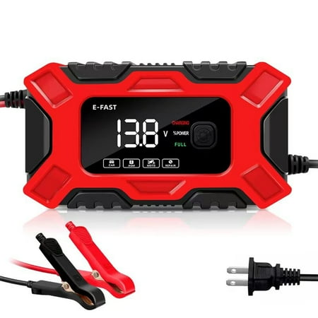 Portable 12V/6A Car Battery Charger - Full Automatic Maintainer - 3-Stage Trickle Charger for Car, Motorcycle Batteries - E-FAST