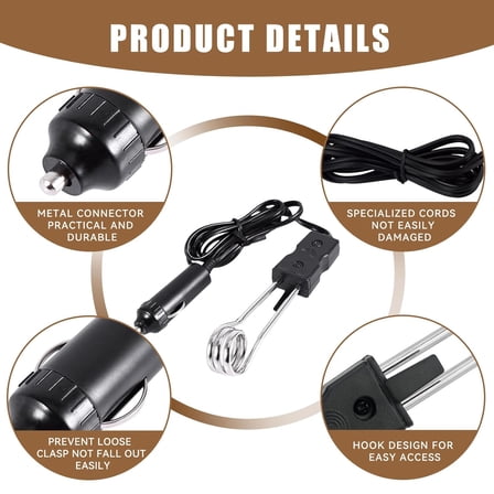 Portable 12V Car Immersion Heater, Mini Portable Electric Car Boiled Water Immersion Heater, Heater for Traveling, Camping, Picnic, Black