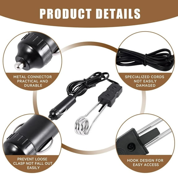 Portable 12V Car Immersion Heater, Mini Portable Electric Car Boiled Water Immersion Heater, Heater for Traveling, Camping, Picnic, Black