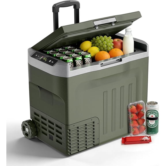Portable 12V Car Refrigerator with Wheel,42QT/40L Car Fridge with Adjustable Range -4℉~68℉,12/24V DC 100-240V AC Electric Cooler Freezer for Camping,RV,Travel,Truck,RV,SUV,Fishing,Home - Green