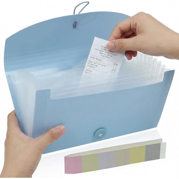 Portable 13-Pocket Receipt & Organizer, Small Expanding Accordion File Folder with Labels, Long Ticket Size Holder for Bills, Checks, and Travel Documents (10.2" x 5.5"), Blue