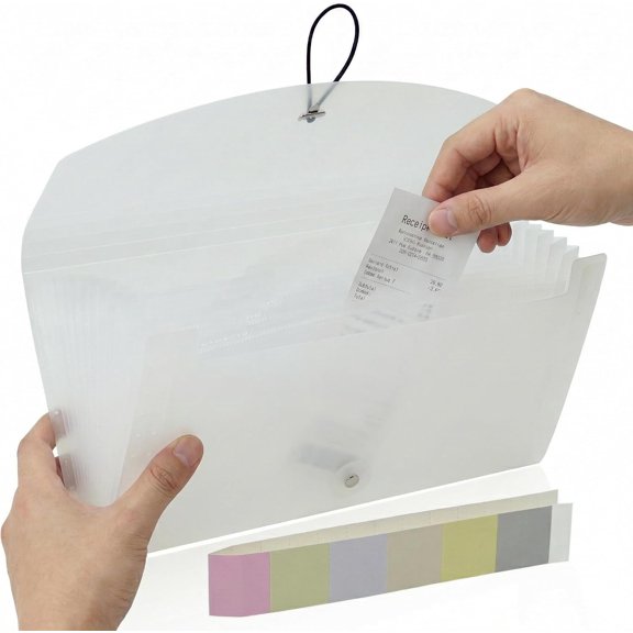 Portable 13-Pocket Receipt & Organizer, Small Expanding Accordion File Folder with Labels, Long Ticket Size Holder for Bills, Checks, and Travel Documents (10.2" x 5.5"), White