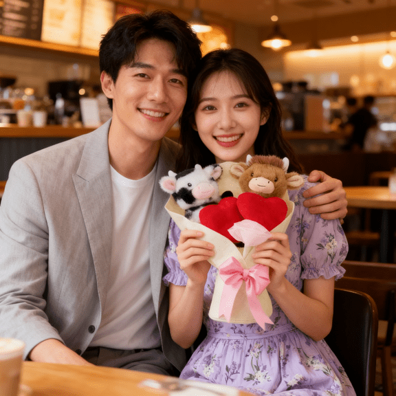 Portable 13" White Cow Heart Plush Bouquet,Highland cow Bouquet,Reusable Decor, Soft Texture, Perfect for Valentine's Day, Easter & New Year Decor, Popular with Plush Fans & Cow Lovers