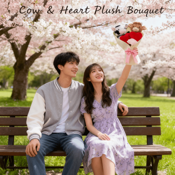 Portable 13" White Cow Heart Plush Bouquet,Highland cow Bouquet,Soft Texture, Festive Vibe, Fit for Valentine's Day, Desk Ornament & Easter Decor, Popular with Cow Lovers & Men