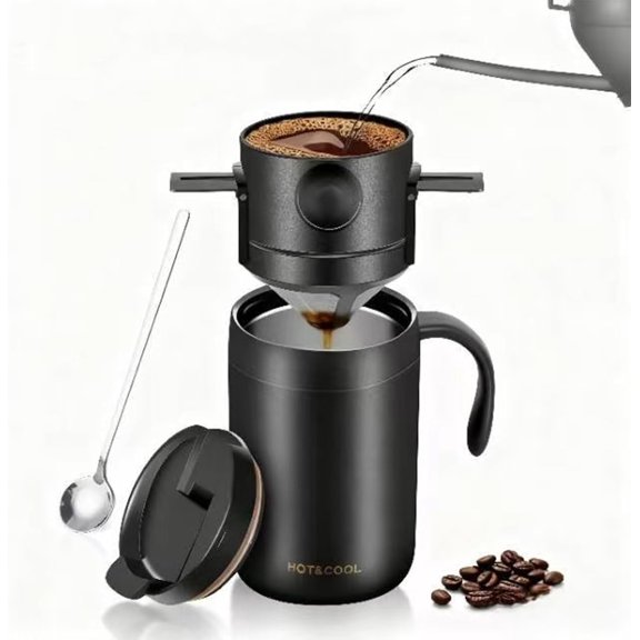 Portable 16oz Pour Over Coffee Maker with Foldable Filter & Stirrer Insulated Stainless Steel Travel Cup with Lid No Paper Filter Needed, BPA-Free, Black For Home, Office, Camping, Backpacking