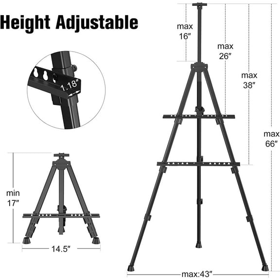 Portable 17–66" Aluminum Tripod Artist Easel – Adjustable Metal Display Stand for Tabletop & Floor Painting, Canvas & Artwork – Includes Carry Bag, Black