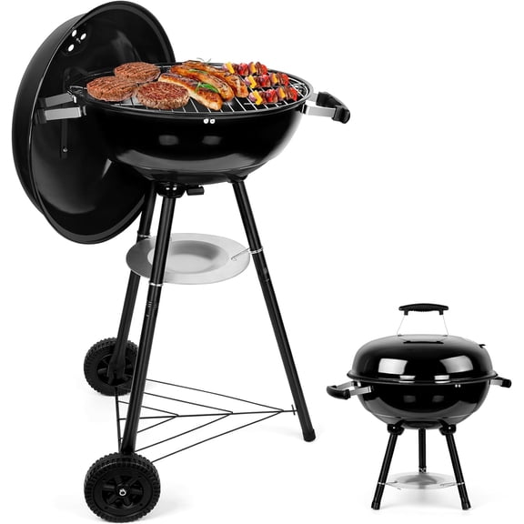 Portable 18-Inch Charcoal Grill with Wheels, Enameled Lid & Fire Bowl, Dual Venting System for Camping Backyard and Tabletop Grilling, Black Round Smoker