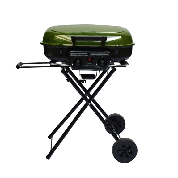 Brand Man Portable 2-Burner Camping Propane Gas Grill, Enameled Foldable BBQ with Griddle for Outdoor Cooking, Green