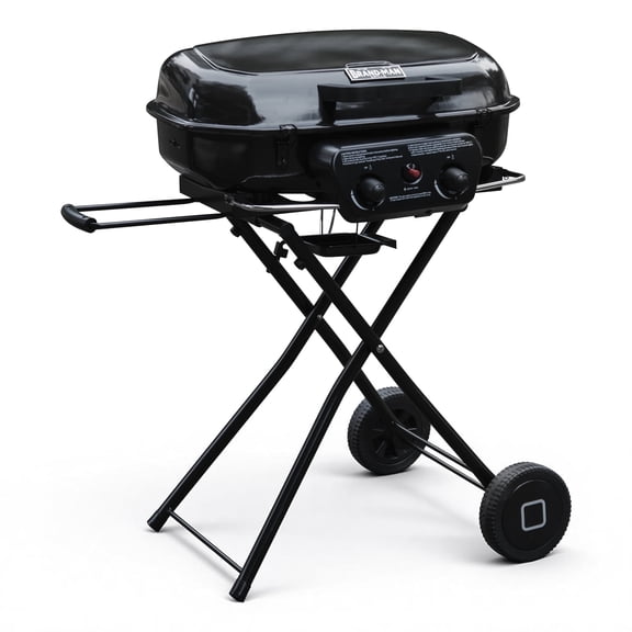 Portable 2-Burner Propane Gas Grill, Foldable and Stand-up for Backyard Cooking - Brand-Man Grills, Black