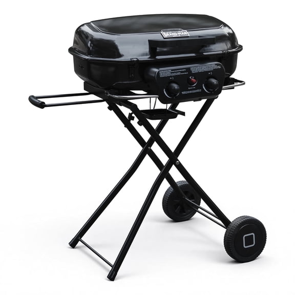Portable 2-Burner Propane Gas Grill, Foldable and Stand-up for Backyard Cooking - Brand-Man Grills, Black