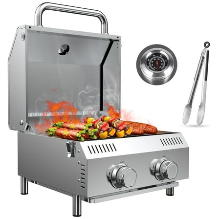 Portable 2-Burner Tabletop Propane Grill for Patio, 20,000 BTU, Stainless Steel, Camping & Tailgating