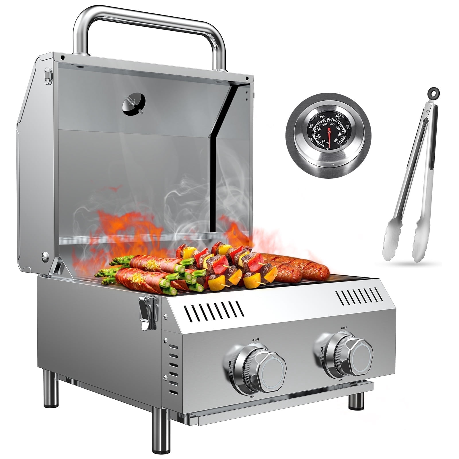 Frizi Portable 2-Burner Tabletop Propane Grill for Patio, 20,000 BTU, Stainless Steel, Camping & Tailgating