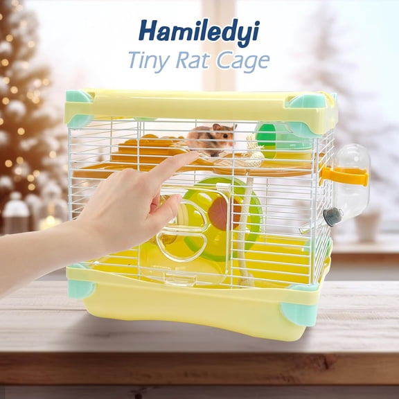 Portable 2-Layer Dwarf Hamster Cage with Wheel, Complete Accessories Kit for Travel & Exercise, Compact Small Animal Habitat Enclosure for Mice, Gerbils & Tiny Pets